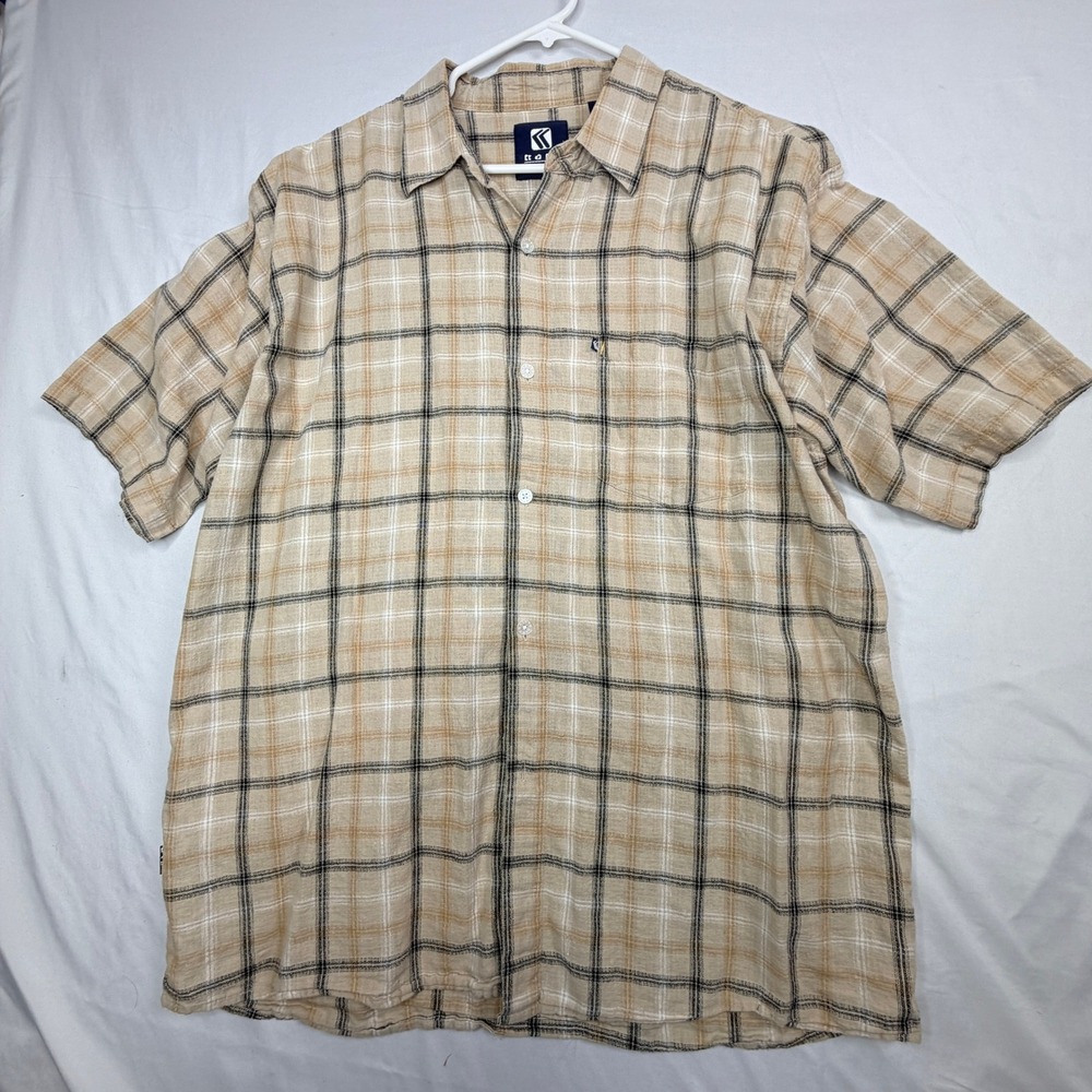 Karl Kani Jeans Co Mens XL Shirt Linen Cotton Plaid Short Sleeve Tan Black 1575